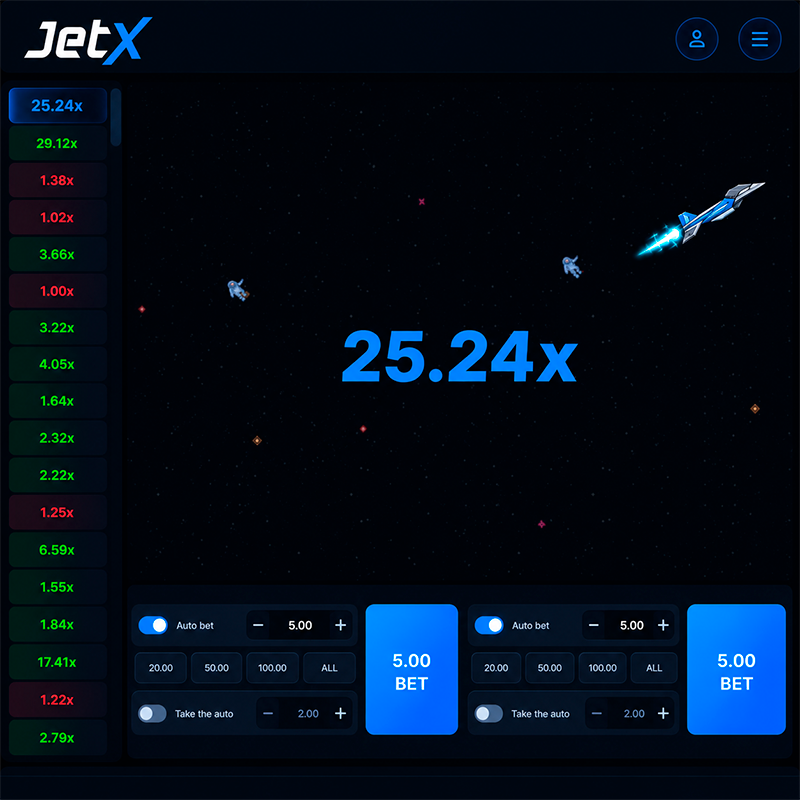 JetX game interface showing the current multiplier, recent round results and two betting panels.